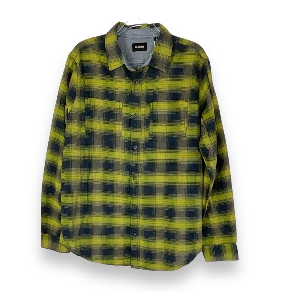 Hudson Jeans Shirt Men’s Plaid Lime Green Navy Blue Button Up Cotton Size M‎ NWT